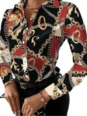 Black Red Chain Print Button-Up Blouse – Long Sleeve Baroque Satin Shirt